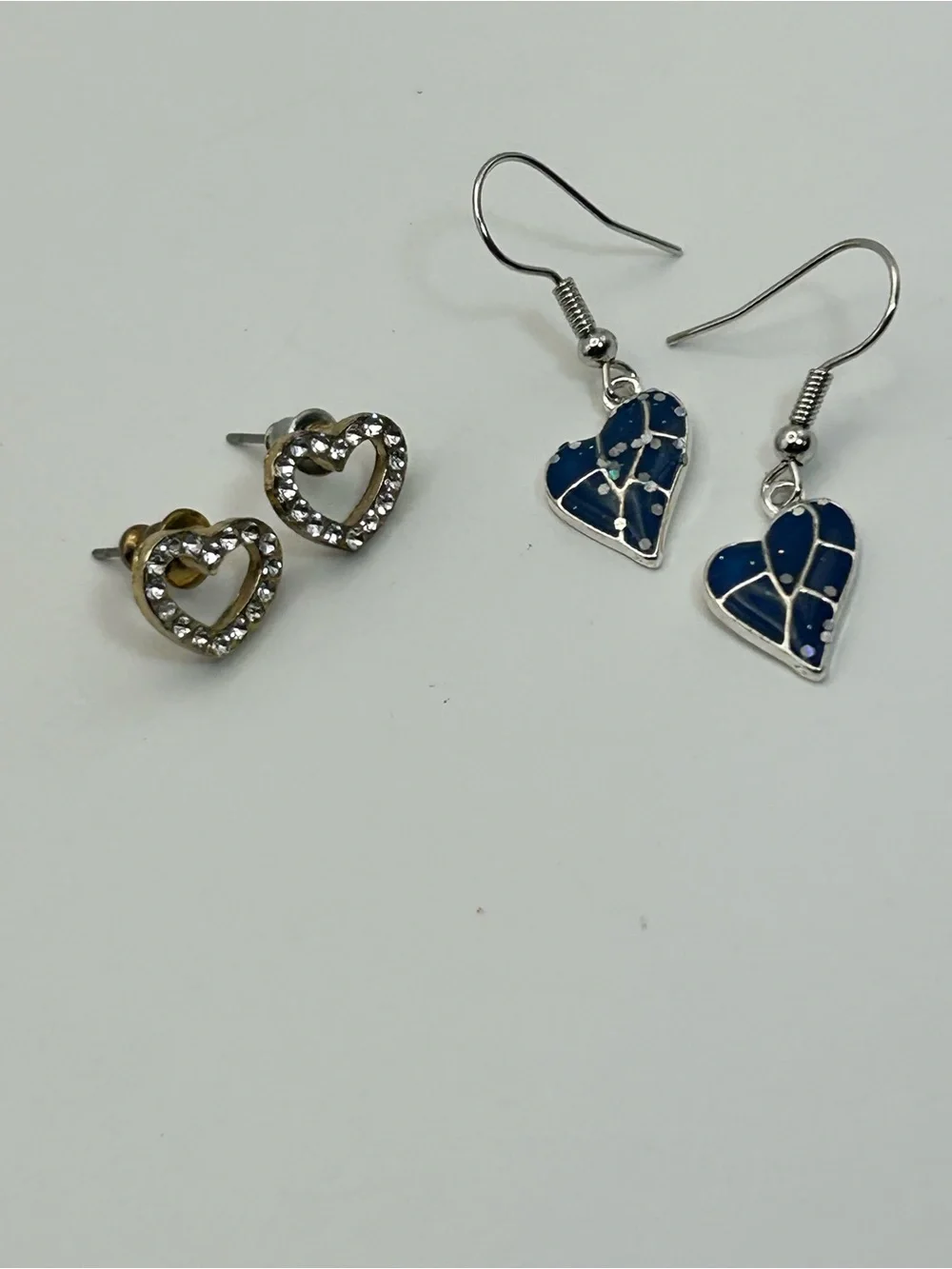 2 Pair Silver-tone Heart Earrings Blue Dangle, Crystal Studs